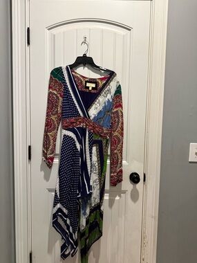Anthropologie Multi-Print Asymmetric Wrap Dress in Navy, Green & Red